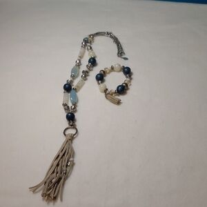 Chico's Blue and Silver Beaded Necklace and matching Braelet with Leather Tassel